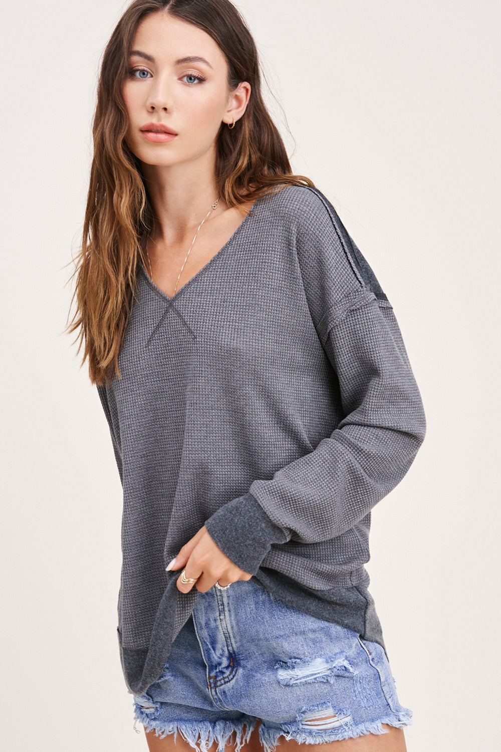 Waffle Thermal Slouchy Top {Charcoal}