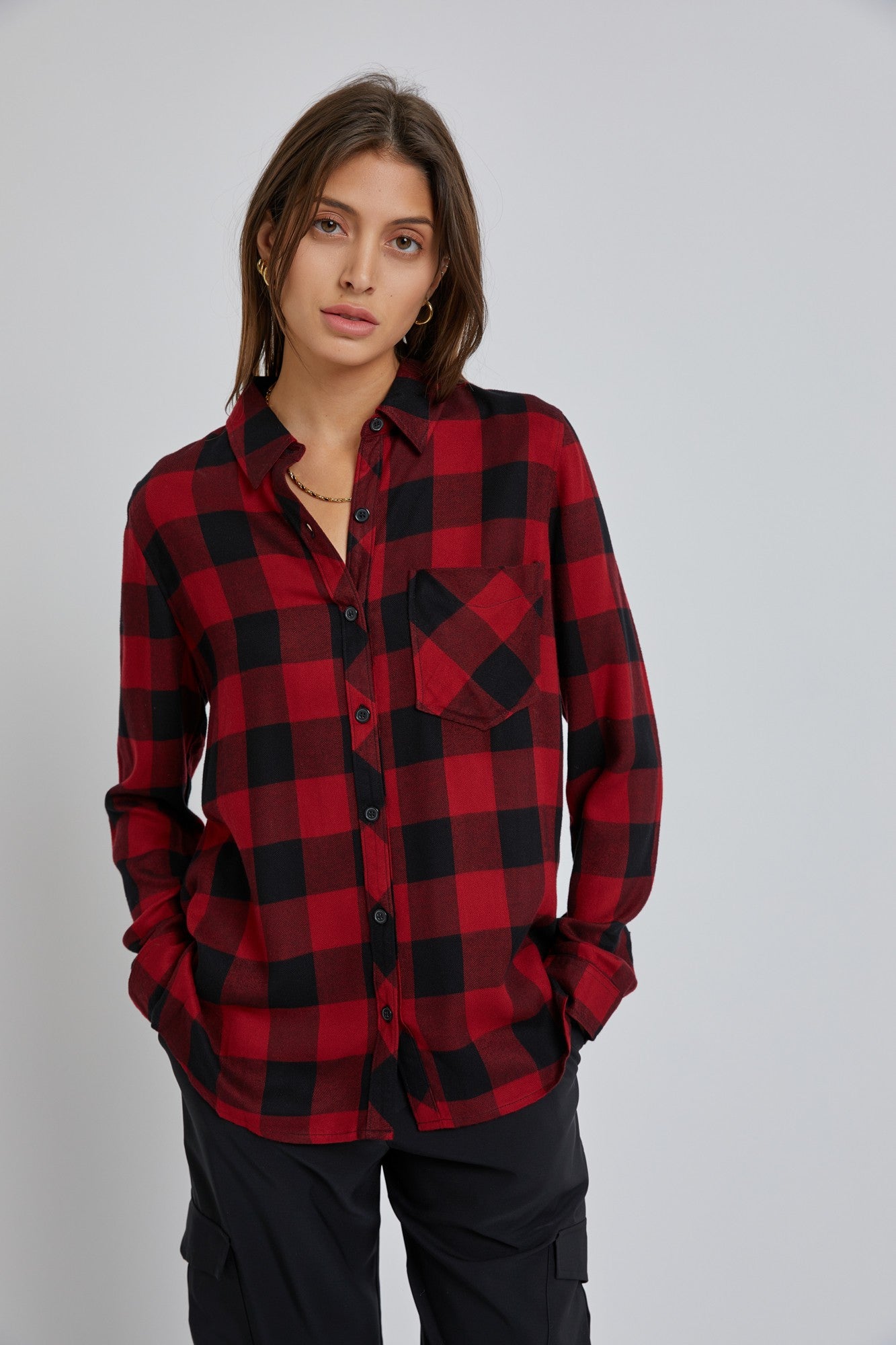 Dark Gingham Classic Flannel Top {Red}
