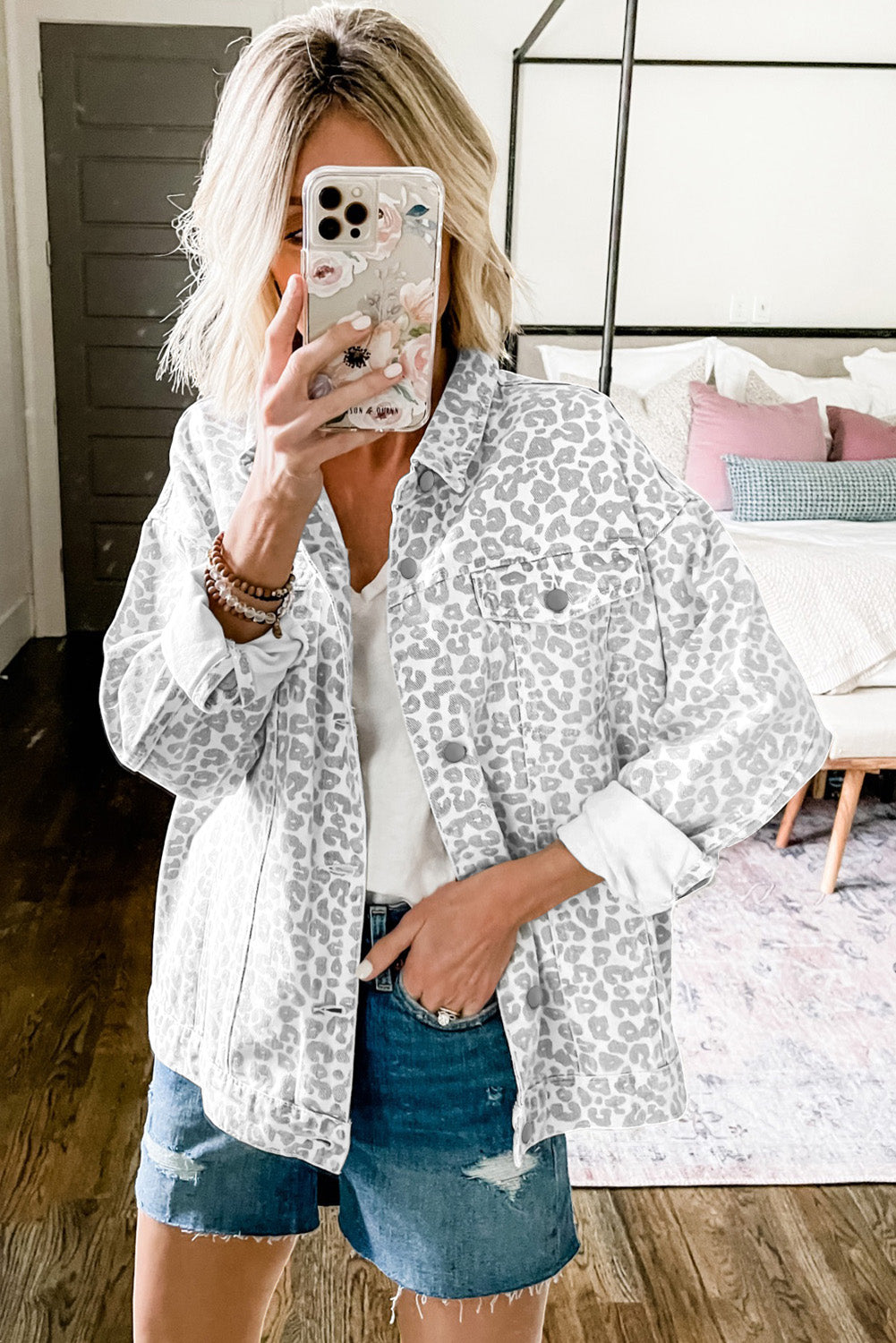 SAMPLE SALE FINAL SALE White Leopard Denim Jacket Steele Jayde Boutique