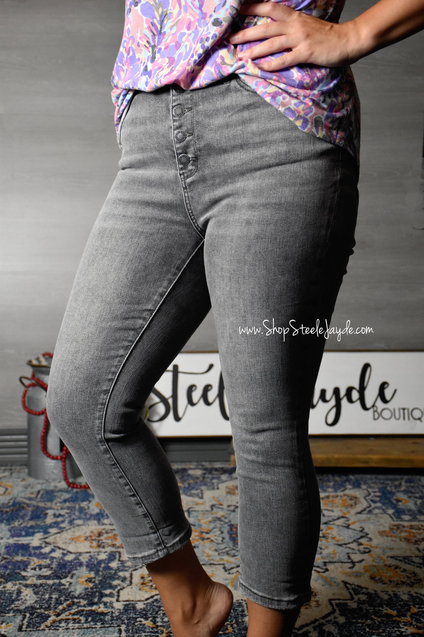 Grey Wash Non-Distressed Stretch Capri Denim
