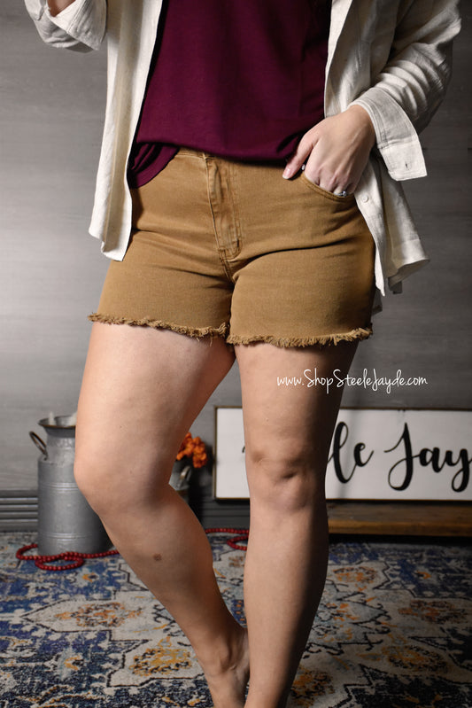 Mineral Dye Frayed Stretch Shorts {Camel} CLEARANCE