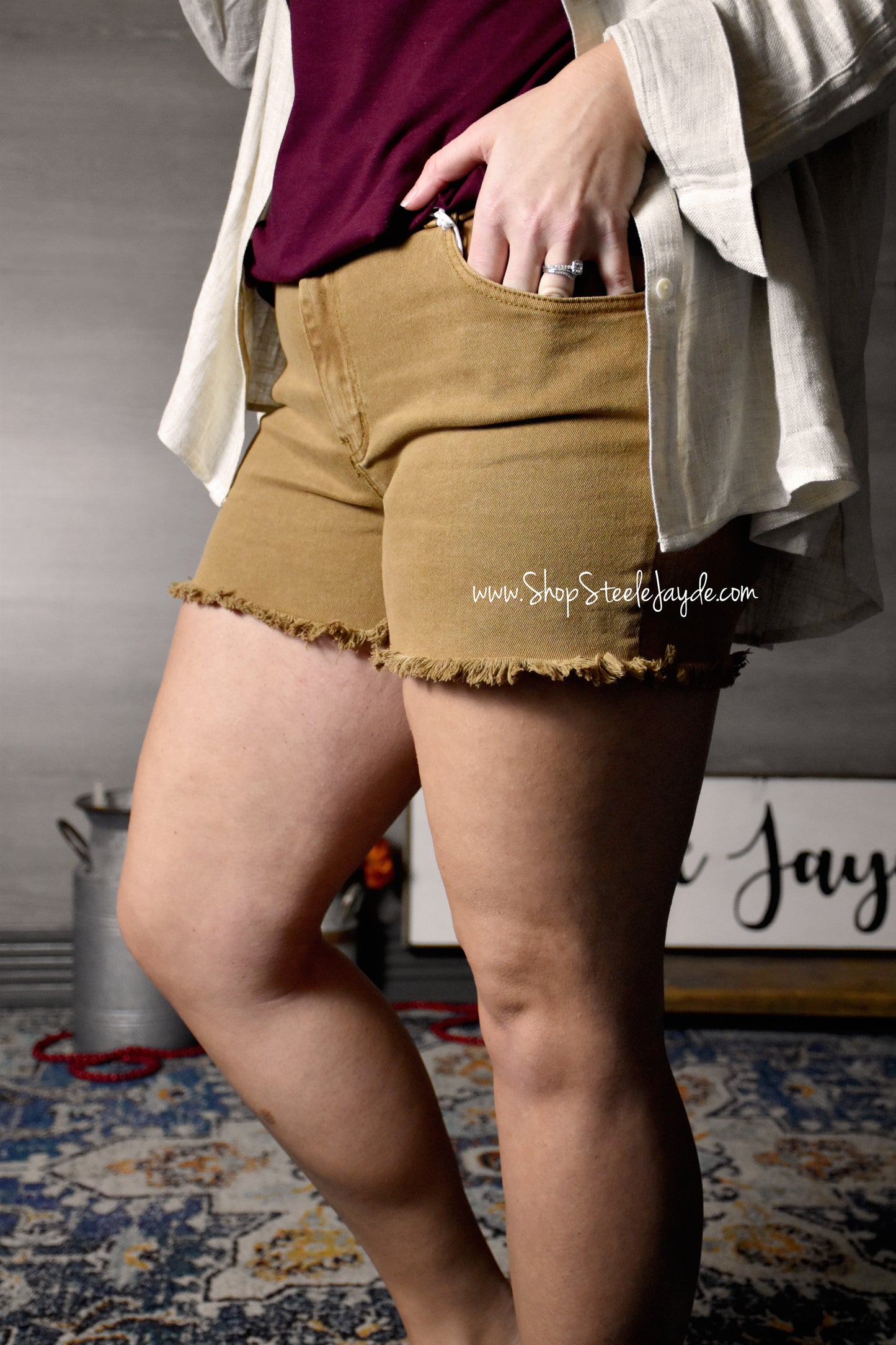 Mineral Dye Frayed Stretch Shorts {Camel} CLEARANCE