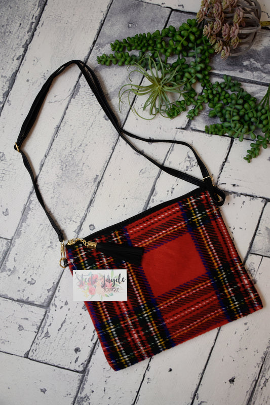 Tartan Cross Body Clutch With Tassel {Red} CLEARANCE