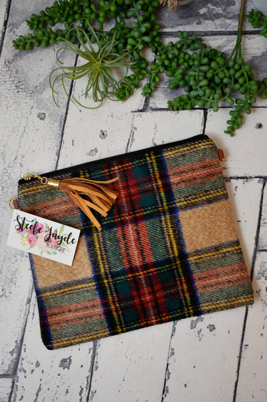 Tartan Cross Body Clutch With Tassel {Beige} CLEARANCE