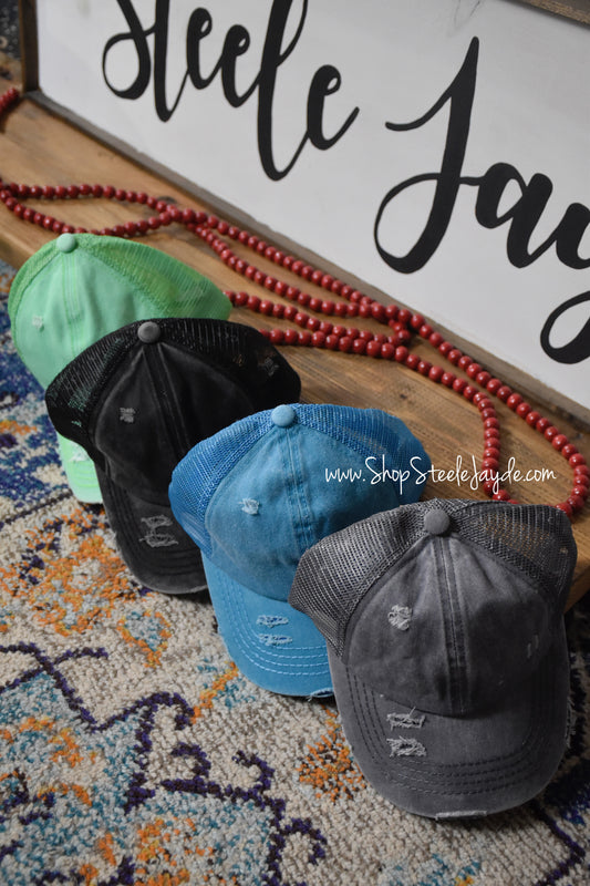 Distressed Ponytail Mesh Hat {Multiple Colors}