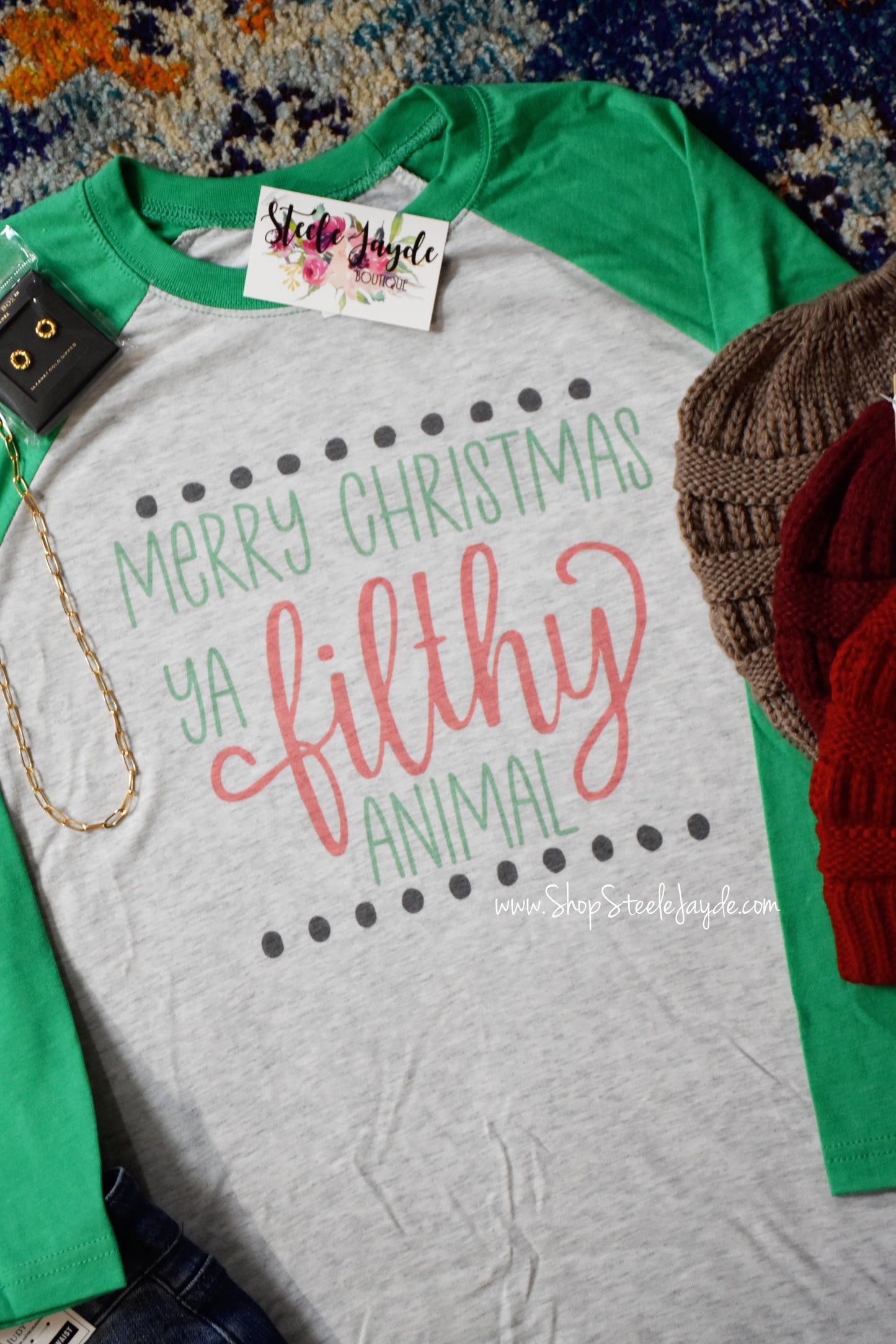 Filthy Animal Christmas Raglan {Green} CLEARANCE