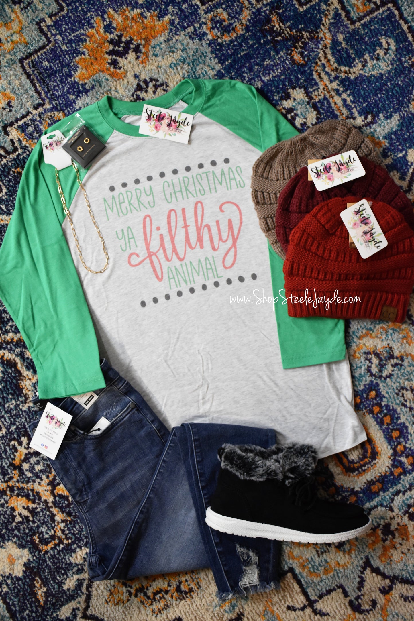 Filthy Animal Christmas Raglan {Green} CLEARANCE