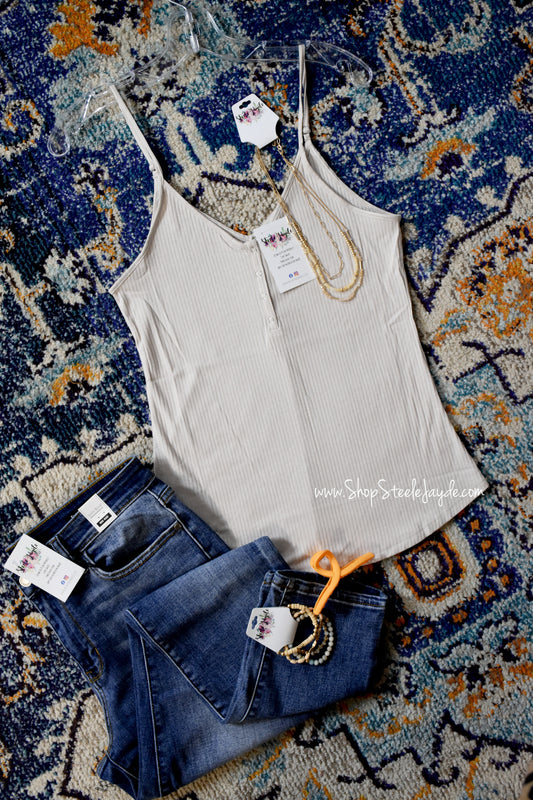 Winnie Ribbed Henley Cami Top {Beige} CLEARANCE