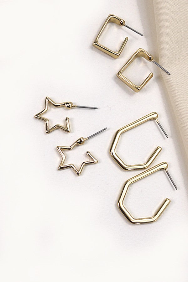 Star Geo Huggie Hoop Trio Earring Set