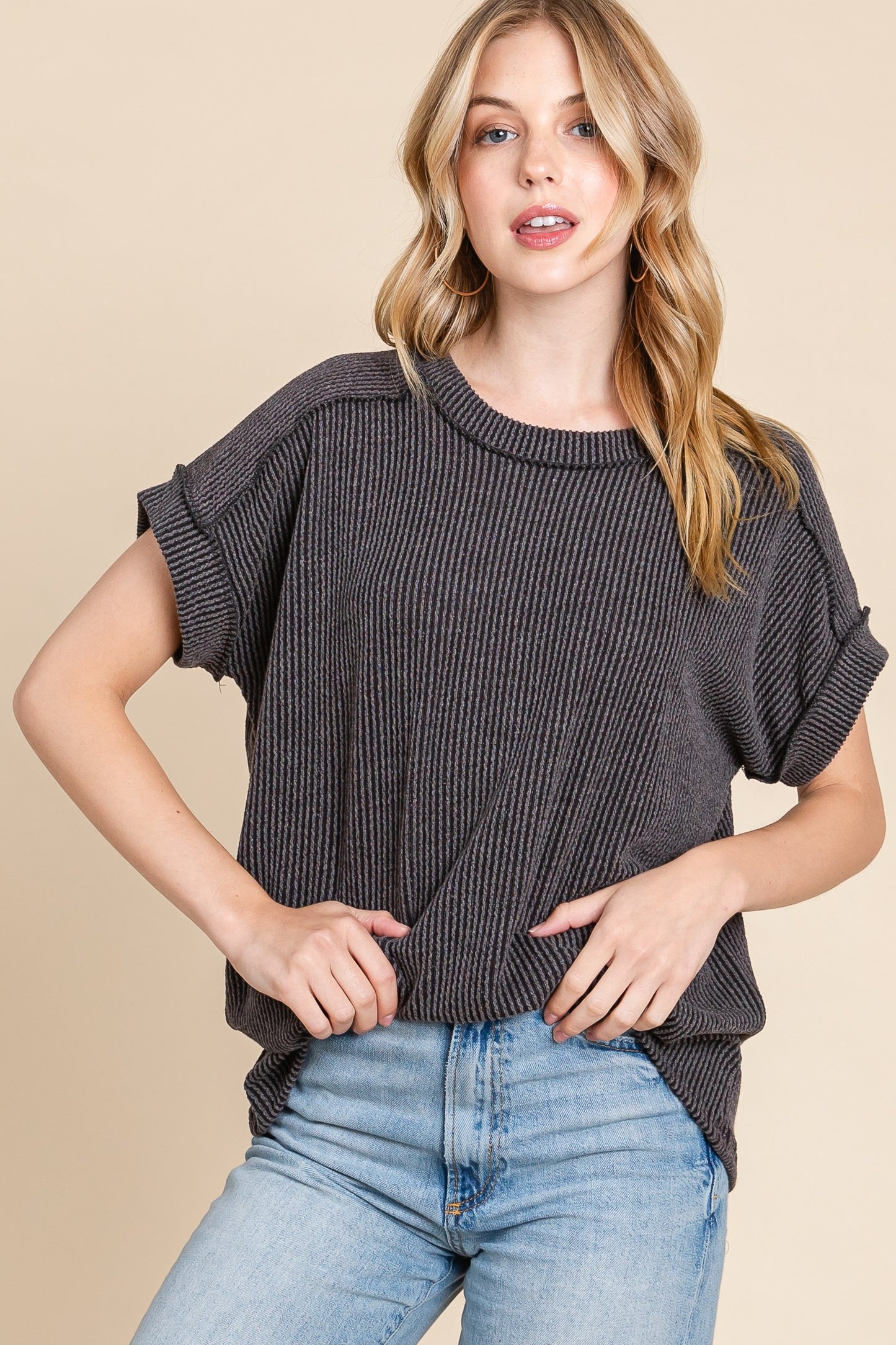 Mettie Ribbed Casual Stretch Top {Charcoal}