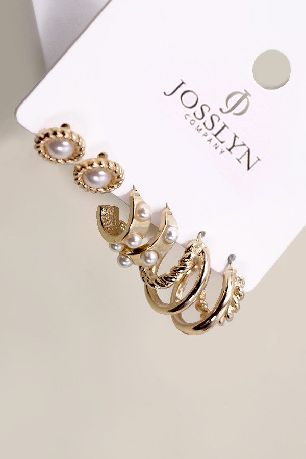 Gold Pearl Hoop Trio Earring Set