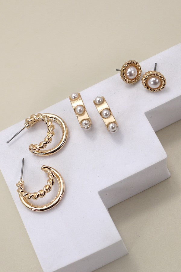 Gold Pearl Hoop Trio Earring Set