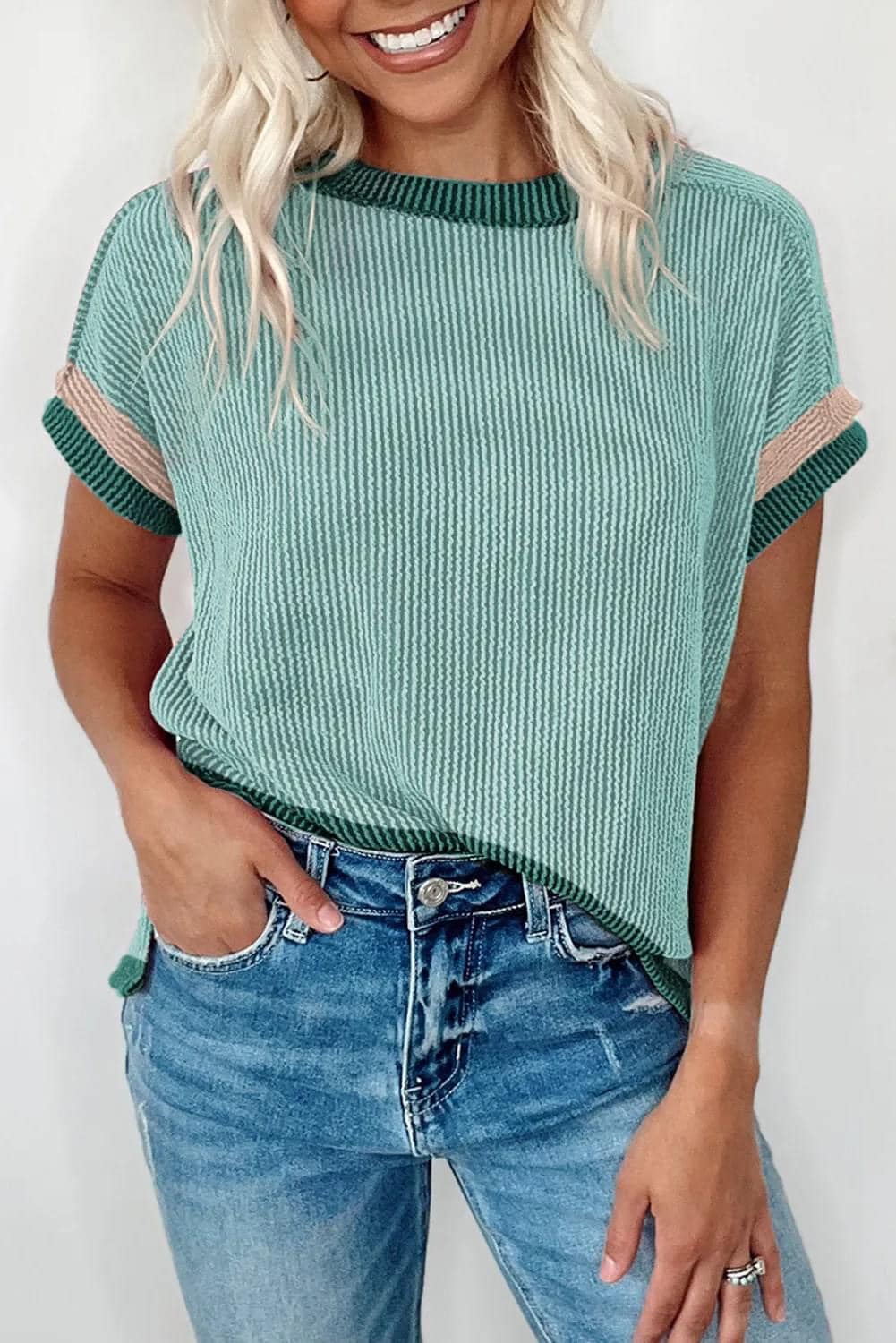 Contrast Piping Ribbed Top {Mint}