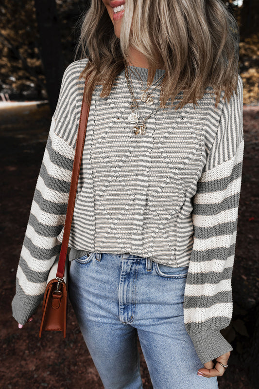 Grey & White Knit Striped Sweater Top