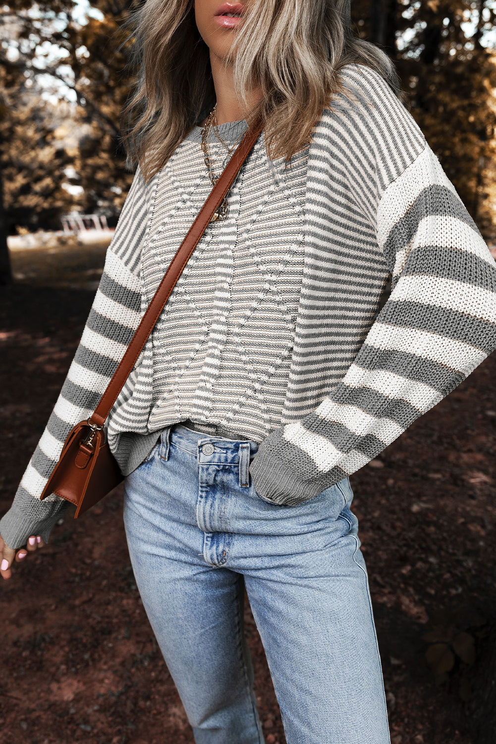 Grey & White Knit Striped Sweater Top