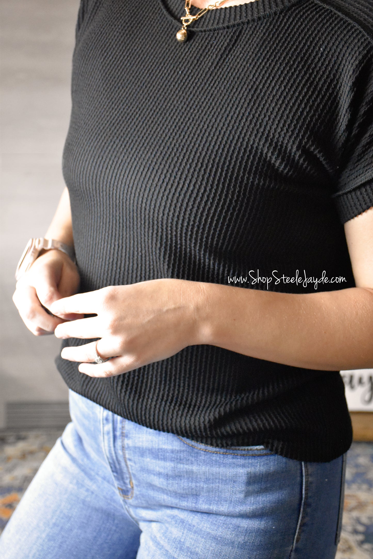 Mettie Ribbed Casual Stretch Top {Black}