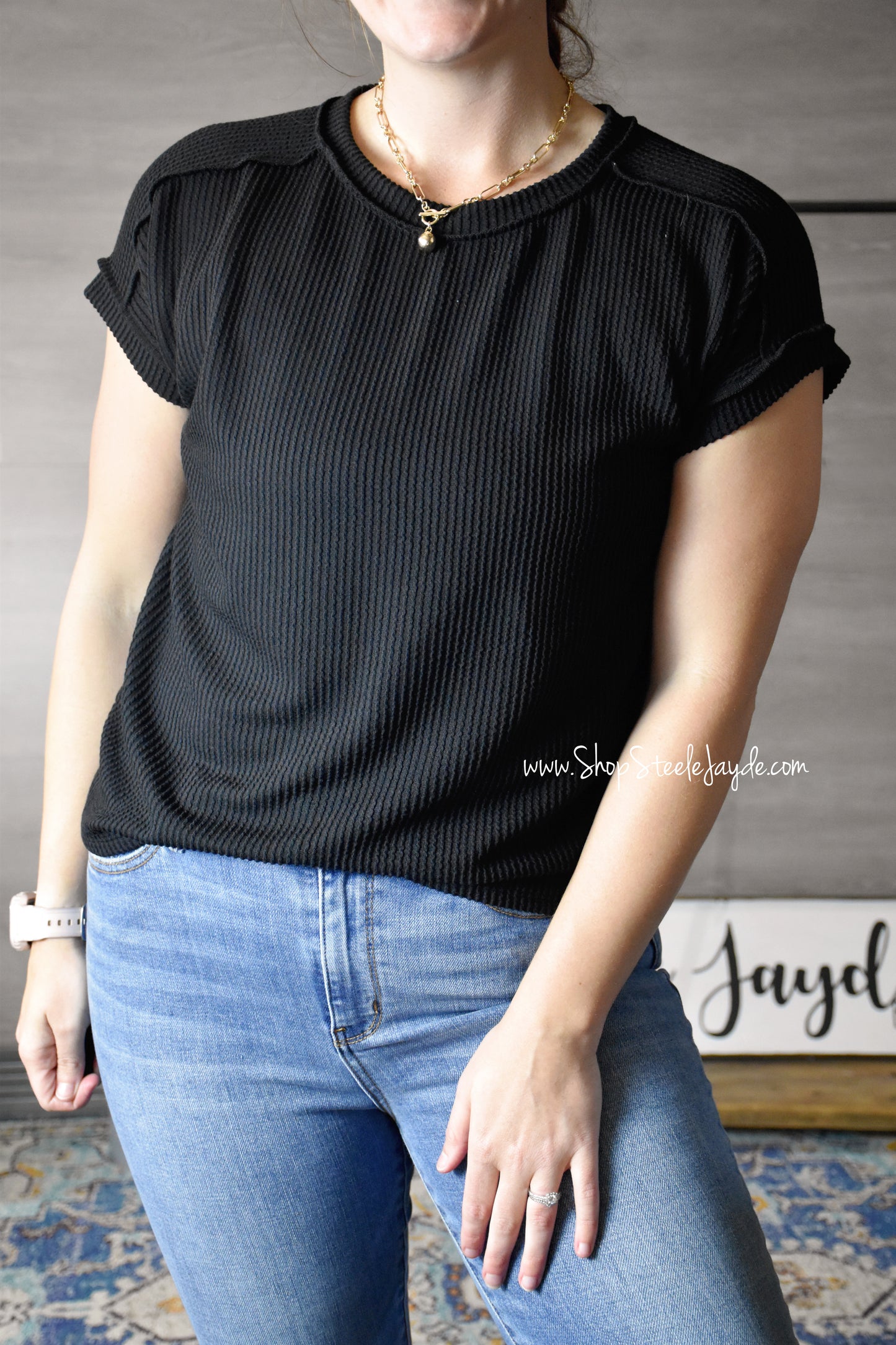Mettie Ribbed Casual Stretch Top {Black}