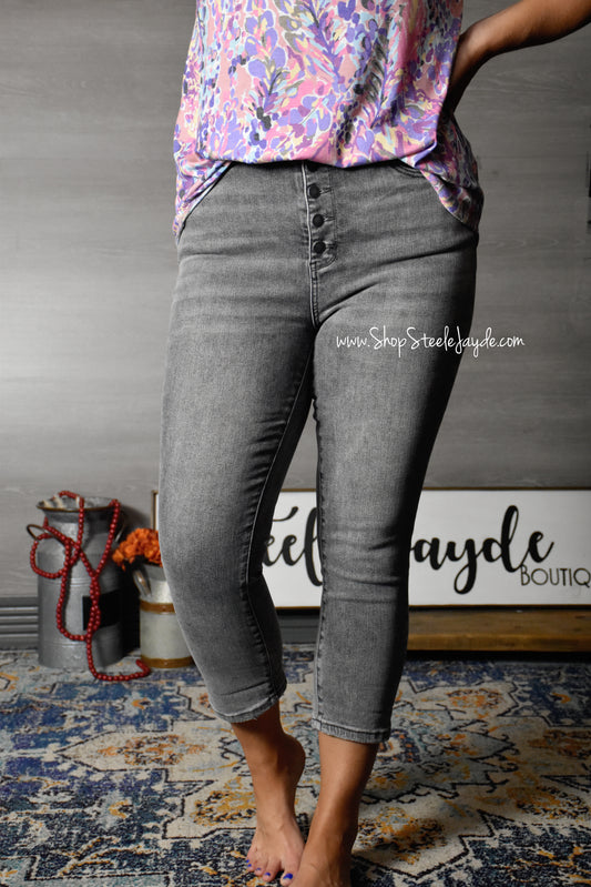 Grey Wash Non-Distressed Stretch Capri Denim