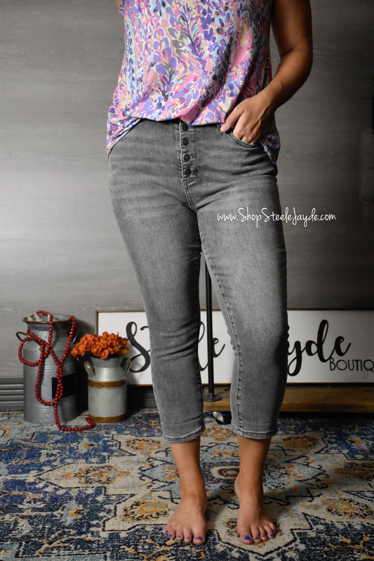Grey Wash Non-Distressed Stretch Capri Denim