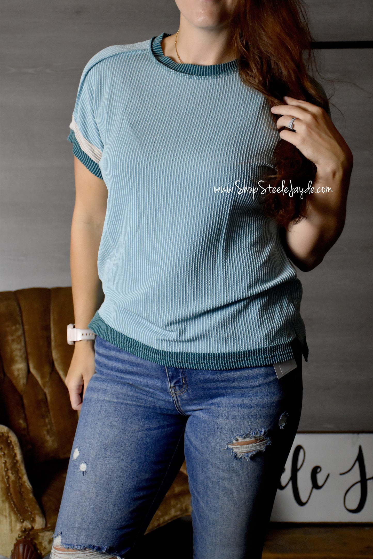 Contrast Piping Ribbed Top {Mint}