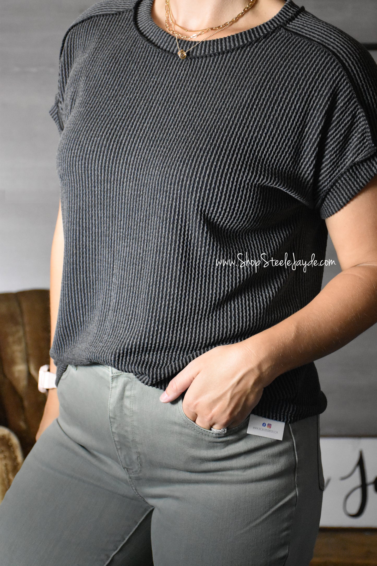 Mettie Ribbed Casual Stretch Top {Charcoal}