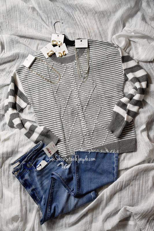 Grey & White Knit Striped Sweater Top