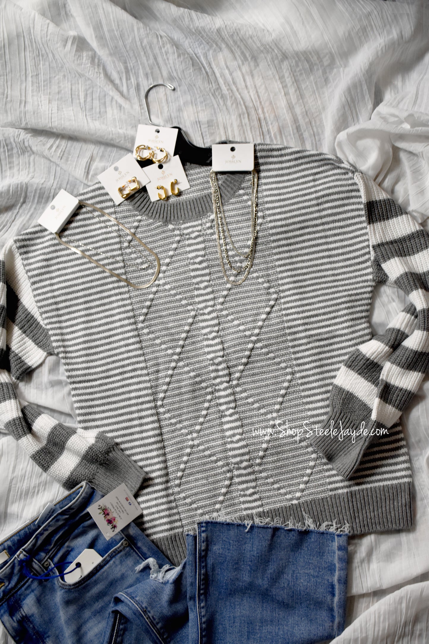 Grey & White Knit Striped Sweater Top