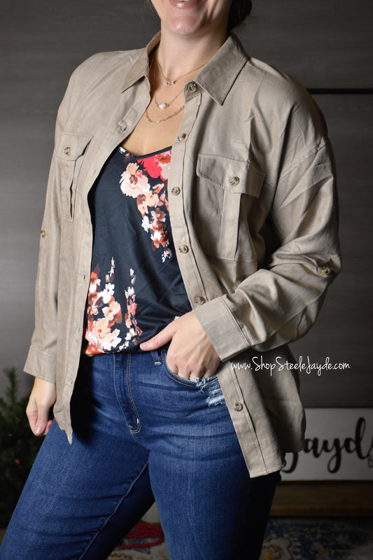 Dakota Premier Faux-Suede Shacket {Taupe}