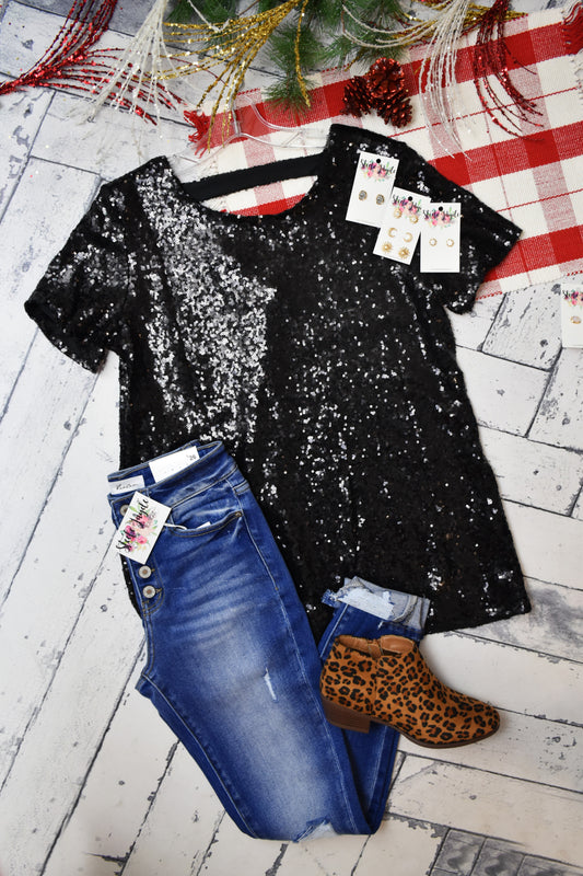 Party Time Sequin Top {Black} CLEARANCE