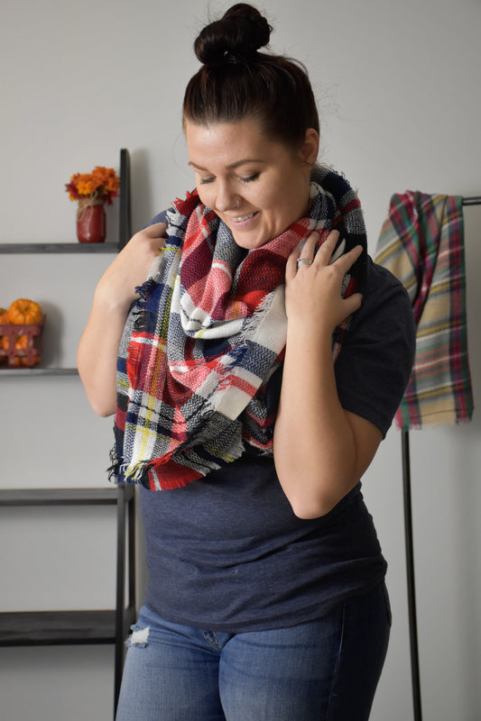 Oversized Blanket Scarf {White/Navy/Burgundy}